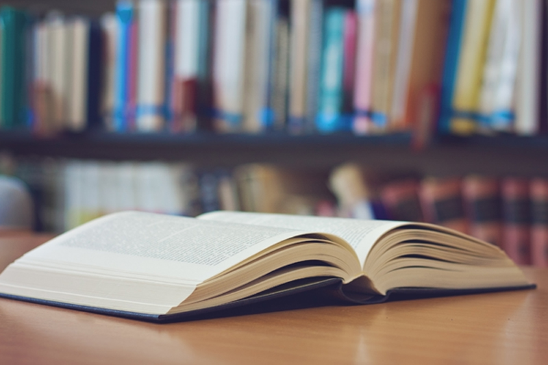 books, with one open and others shelved in the background