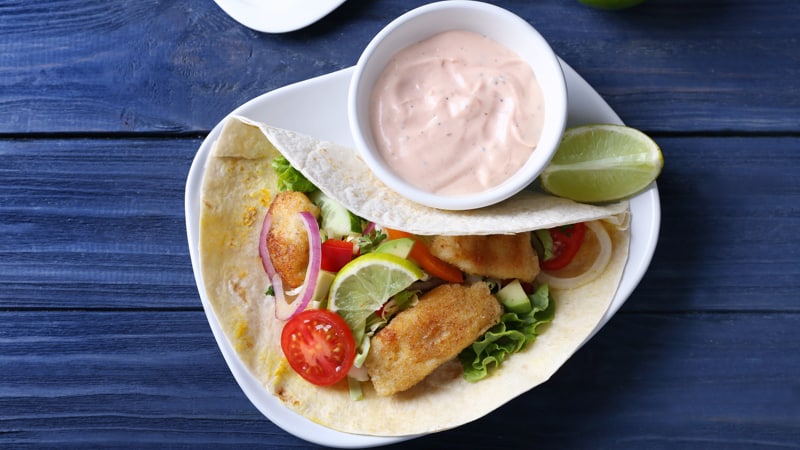Spiced Catfish Tacos with Pickled Shallots and Chipotle Crema