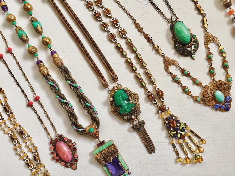 A collection of art glass and enamel necklaces from the Art Deco era | Photograph by Kath Parker from Bygones Vintage