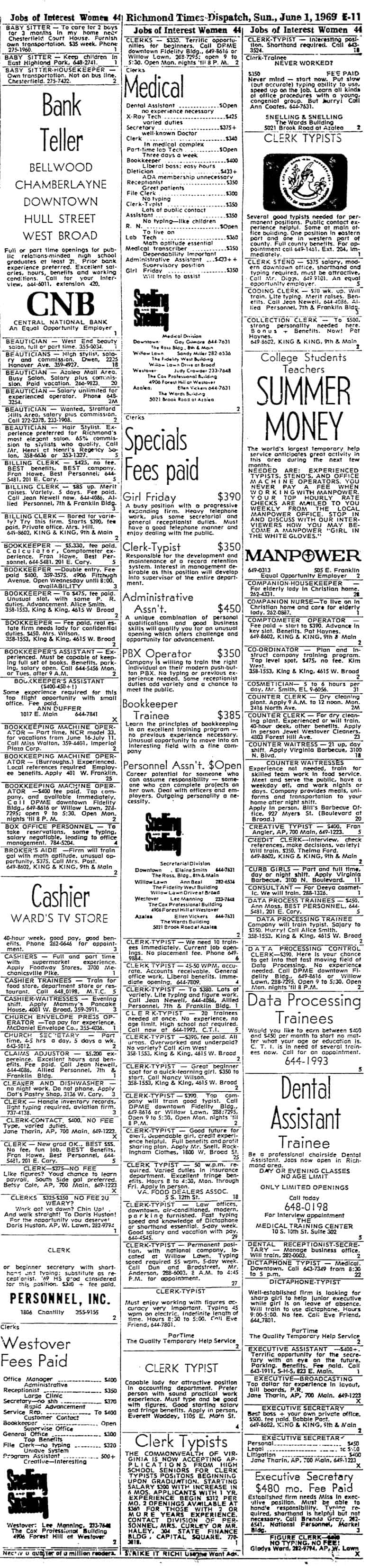 Help Wanted 1969 women From NewsBank database on the Library of Virginia website