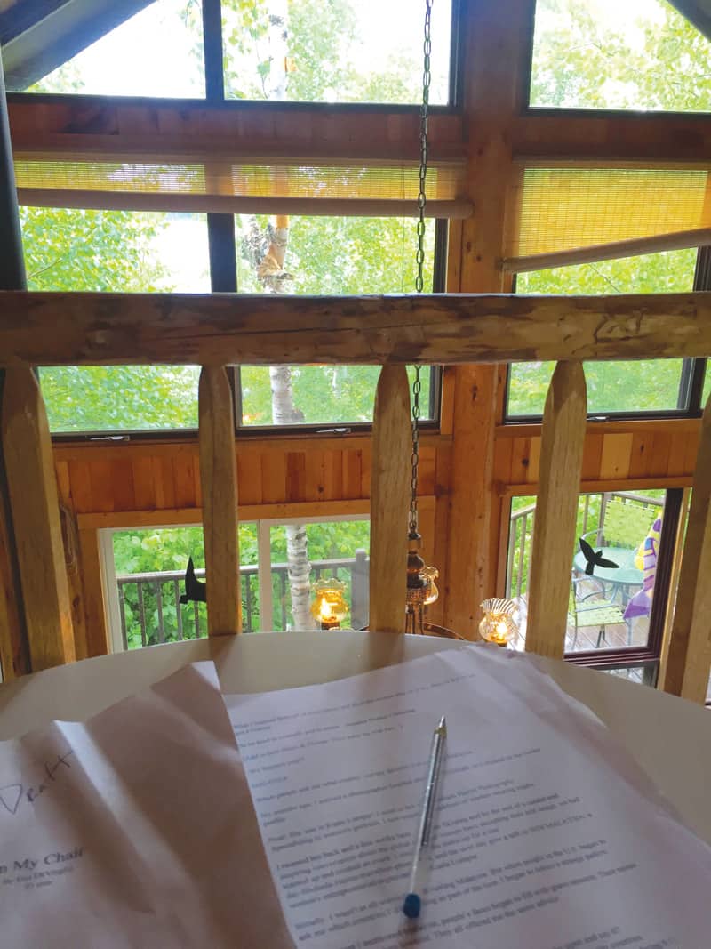A draft of "In My Chair," being edited by Eva DeVirgilis at Tofte Lake artist residency in Minnesota