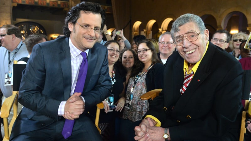 Weekend daytime host of Turner Classic Movies, Ben Mankiewicz and comedian Jerry Lewis on April 12, 2014 in Hollywood, California | Photo by Alberto E. Rodriguez/WireImage