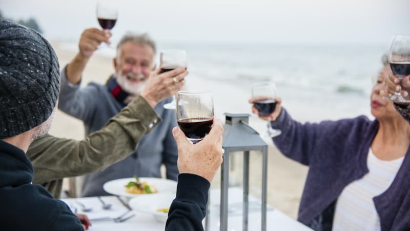 Seniors toasting red wine because it's a delicious wintertime treat