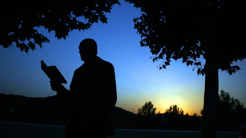 David L. Robbins reading a book at twilight