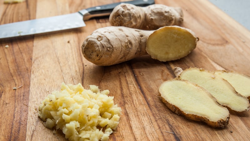 Ginger root on a cutting board