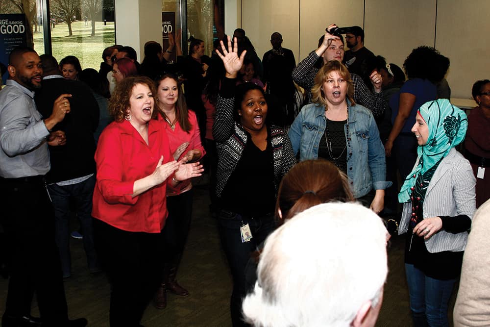 Christine Walters, left, leads an improv exercise