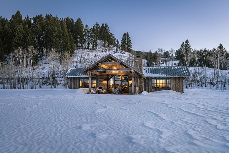 Bridger Canyon Guest House exterior, in wintry beauty