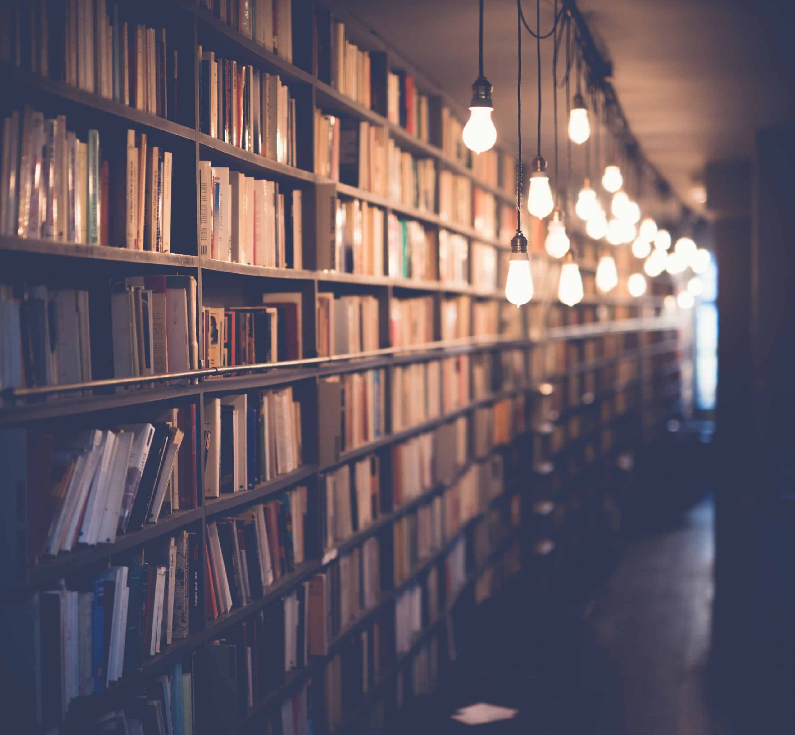 Long, tall bookshelves full of books