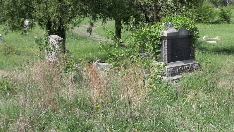 Woodland Cemetery, a historic African American cemetery in Richmond, Virginia, became overgrown and vandalized. These were the gravestones of Daisy Jones and Alice Royall in April 2013. Photo by John Shuck Image