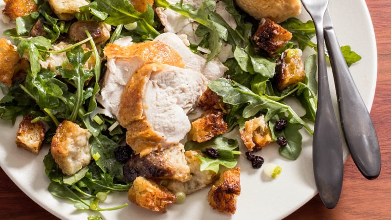 Roast chicken recipe on warm bread salad