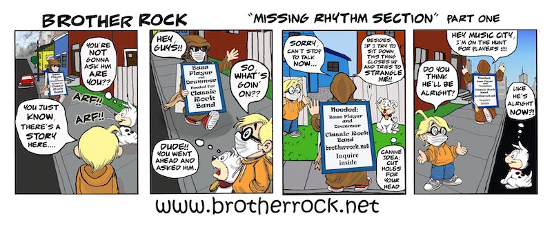 Brother Rock music cartoon: missing rhythm section sandwich board advertising