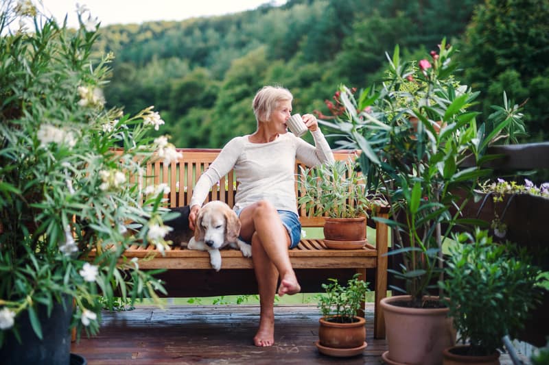 Senior woman with dog on beautiful terrace