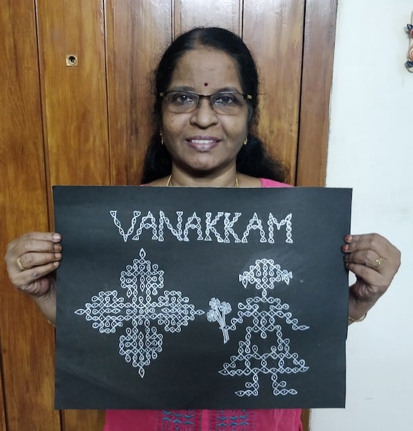 Indian woman with kolam figures and the word "Vanakkam," a greeting