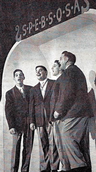 Schmitt Brothers barbershop quartet onstage in 1951