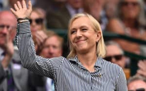 Former tennis player Martina Navratilova waves as she is presented in the Royal Box on Centre Court at The All England Tennis Club in Wimbledon, southwest London, on July 6, 2019. (Glyn Kirk/AFP/Getty Images/TNS). Martina Navratilova produces tennis documentary Image