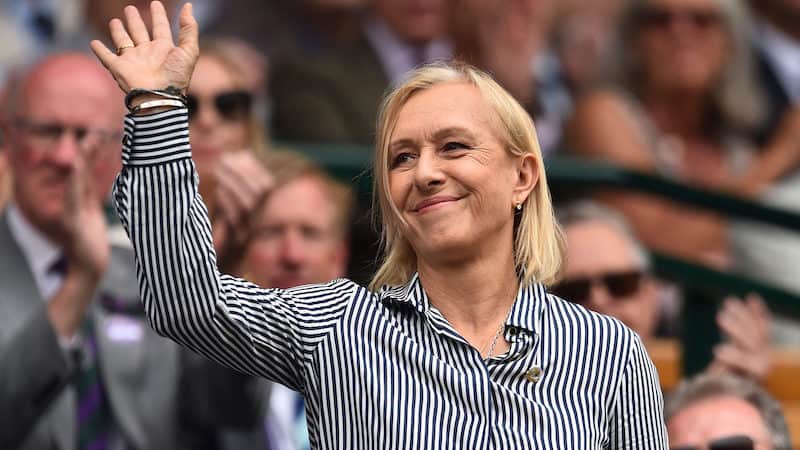 Former tennis player Martina Navratilova waves as she is presented in the Royal Box on Centre Court at The All England Tennis Club in Wimbledon, southwest London, on July 6, 2019. (Glyn Kirk/AFP/Getty Images/TNS). Martina Navratilova produces tennis documentary Image