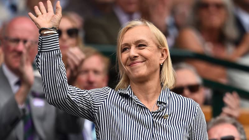 Former tennis player Martina Navratilova waves as she is presented in the Royal Box on Centre Court at The All England Tennis Club in Wimbledon, southwest London, on July 6, 2019. (Glyn Kirk/AFP/Getty Images/TNS). Martina Navratilova produces tennis documentary