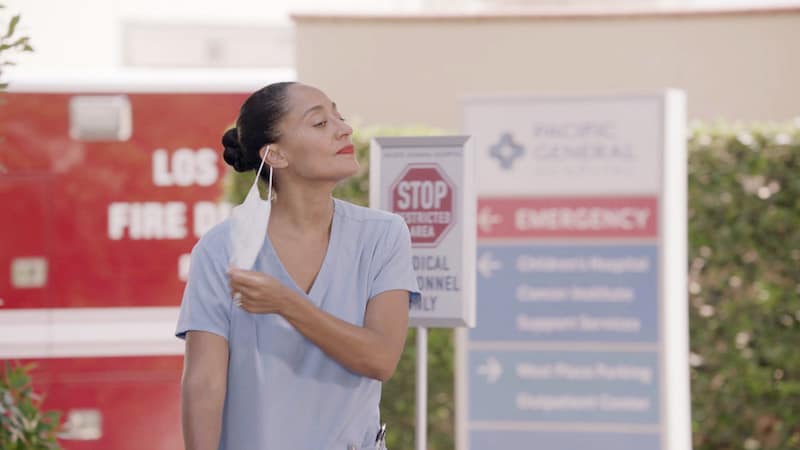 Tracee Ellis Ross as Dr. Bow Johnson, now a frontline worker in the COVID-19 pandemic, in ABC’s “black-ish.” CREDIT: ABC.