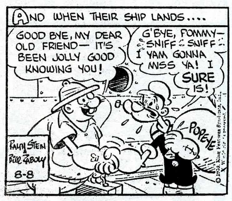 Popeye bids farewell to Sir Pomeroy in the final SteinZaboly daily strip. From August 8, 1959