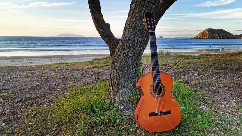 Walden playing guitar on the beach