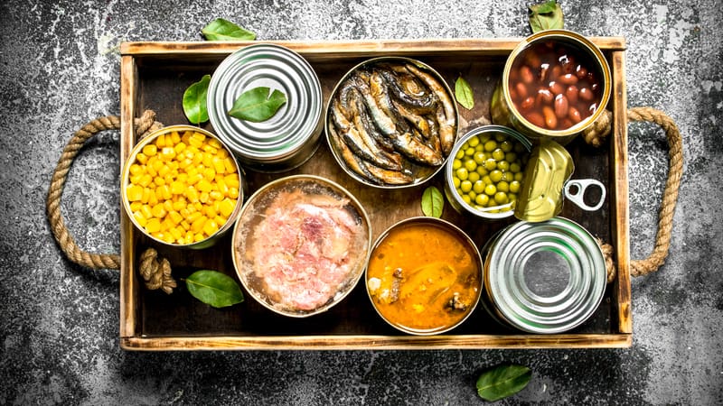 Tray of healthy canned foods