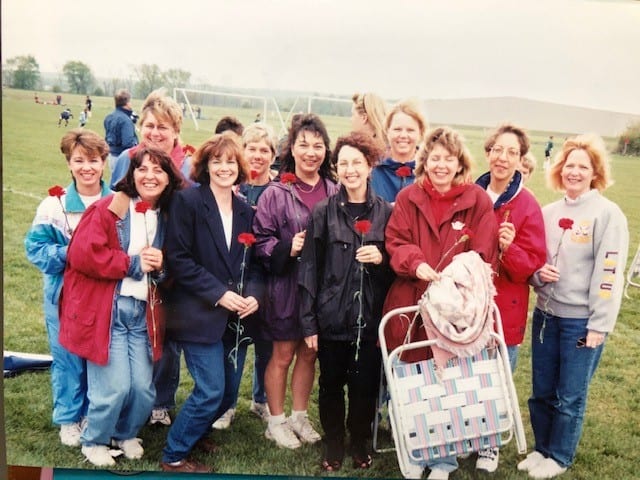 Mothers with their roses after the Mother's Day kids' soccer game