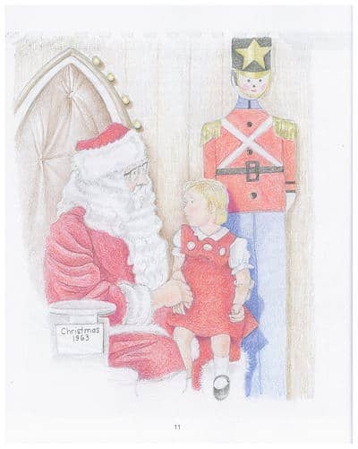 Little girl sitting on Santa's lap in 1963. From the book 'Santa and the Cotton Tree,' illustration by Linda E. Jones (used by permission)