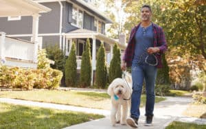 Man walking dog for Greg Schwem's humor on walking during the pandemic. Credit: monkey business images dreamstime Image