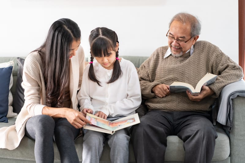 Multigenerational family - Asian mom, daughter, and granddad reading on family sofa, for "Aging Parents in Your Home." Photo credit Vichay kiatyingangsulee, Dreamstime