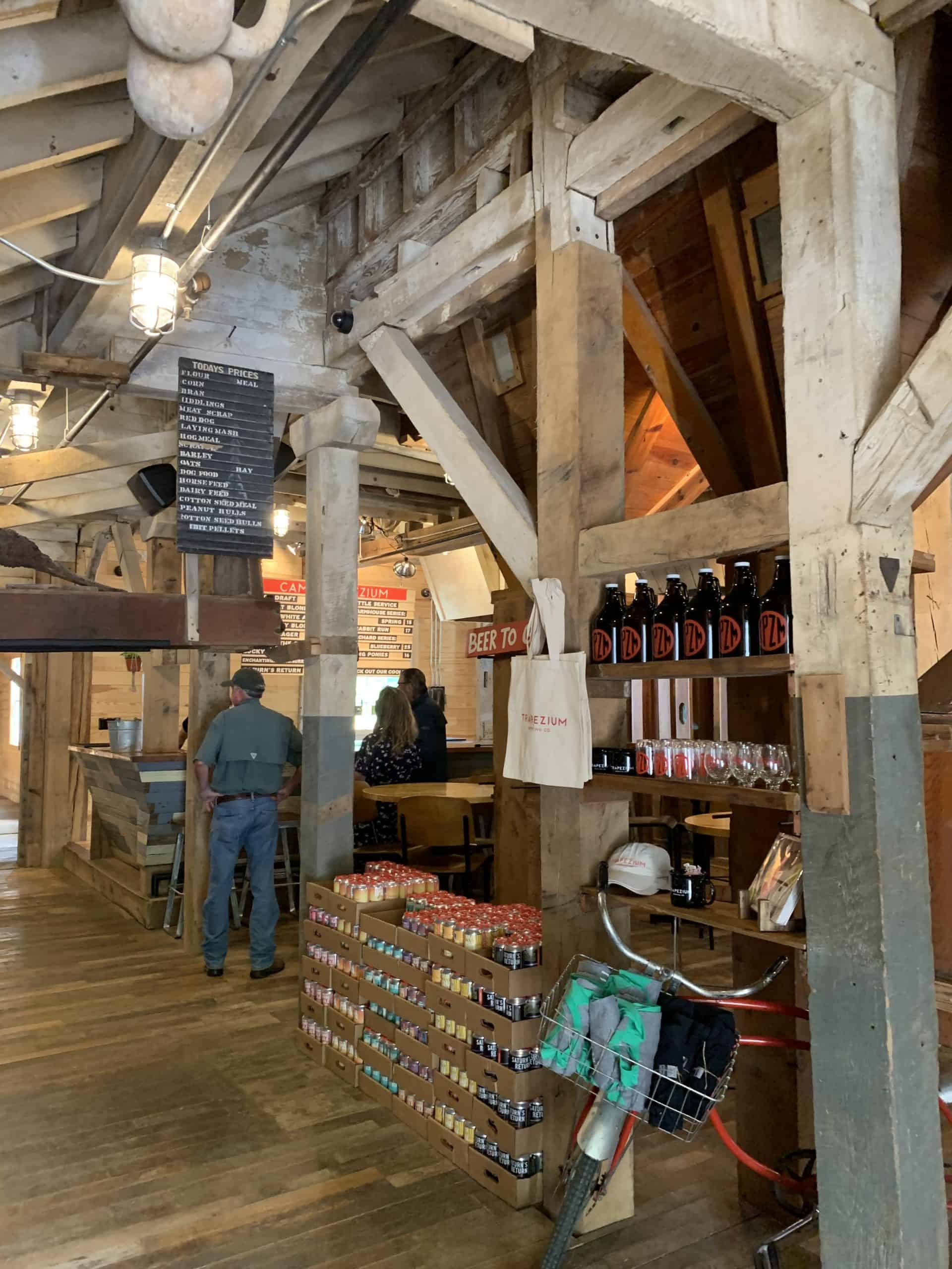 Camp Trapezium tasting room from the front entrance, showing the bones of the old mill