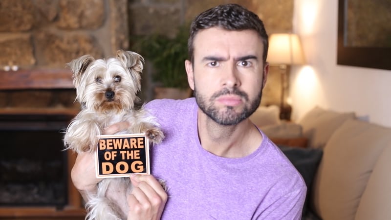 Man holding small dog and Beware of the Dog sign. For article on "Dog growling at owner to ‘guard’ another owner"