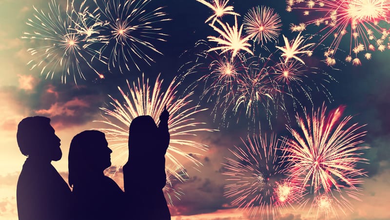 family watching fireworks, for "Fourth of July from a kid's perspective." Photo by Dmytro Balkhovitin Dreamstime. Used in Independence for All and July 3 What's Booming
