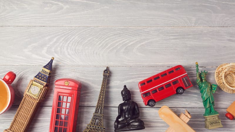 A hodge lodge of souvenirs - London double decker, Eiffel Tower, Buddha, and more. Souvenirs preserve and unlock memories. Image