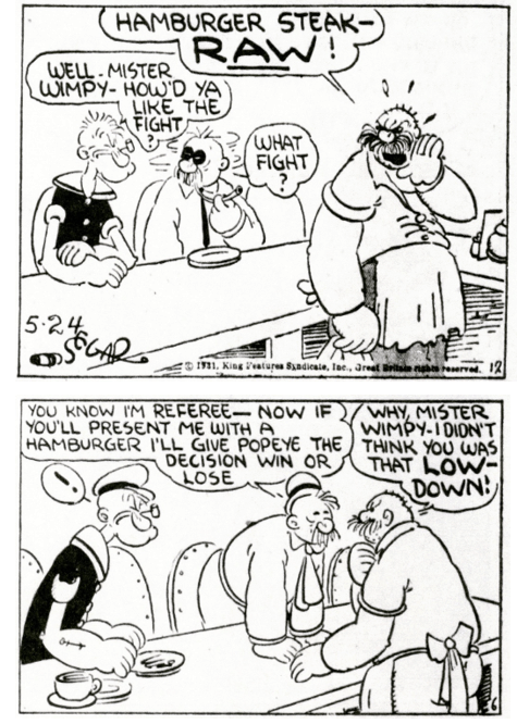 Two black-and-white comic strip selections of Wimpy from the Thimble Theatre Sunday strip by E.C. Segar.