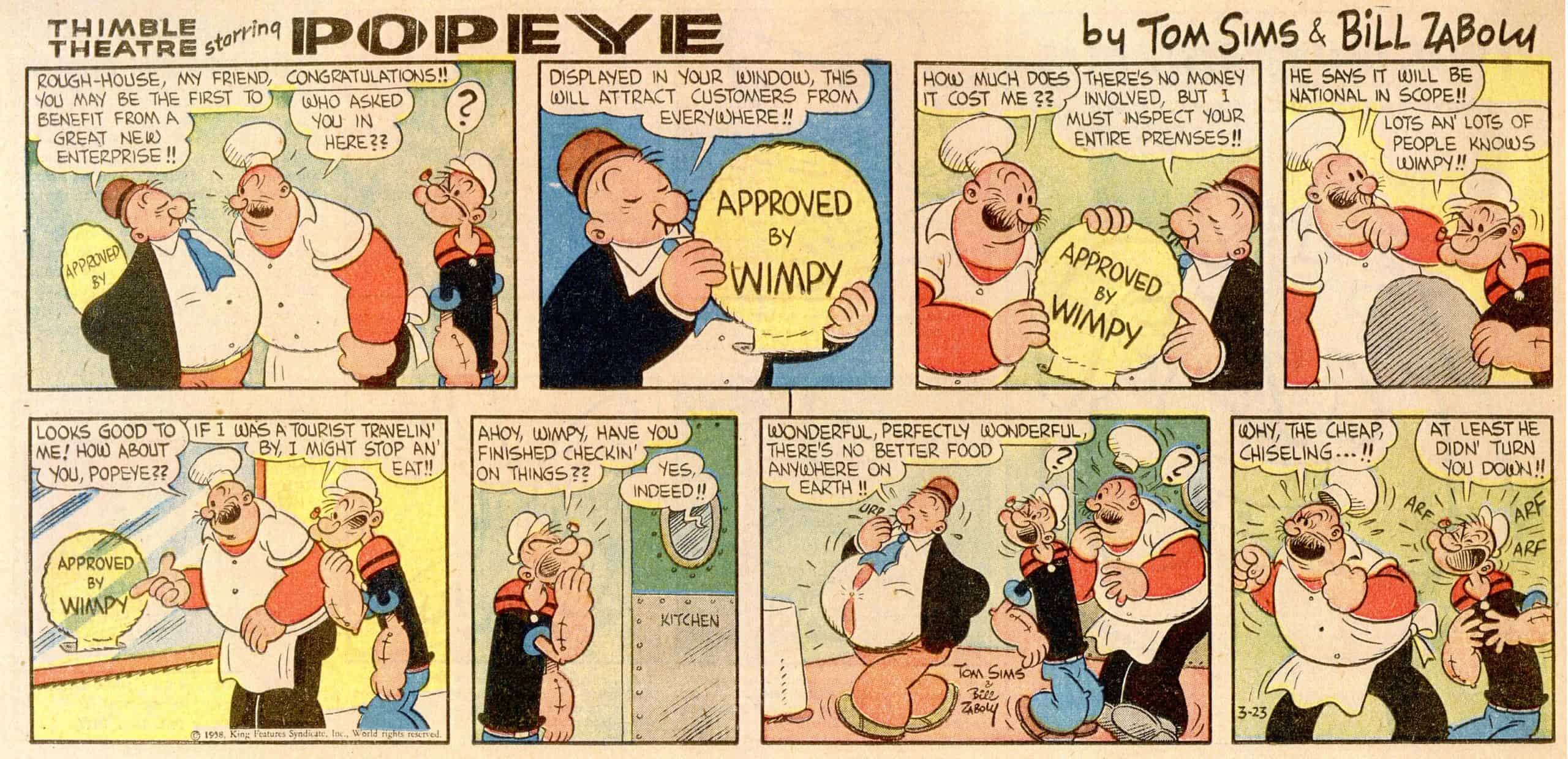 Wimpy comes up with another scheme to obtain free food. From March 23, 1958 by Bill Zaboly (artist) and Tom Sims (writer). For the article, Wimpy Celebrates 90 Years of Hamburgers