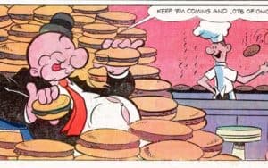 Wimpy eating lots of hamburgers, for Wimpy Celebrates 90 Years of Hamburgers Image