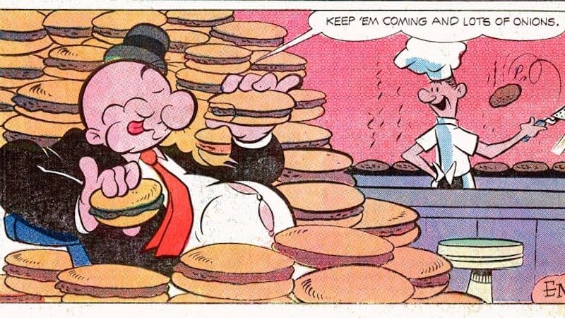 Wimpy eating lots of hamburgers, for Wimpy Celebrates 90 Years of Hamburgers Image