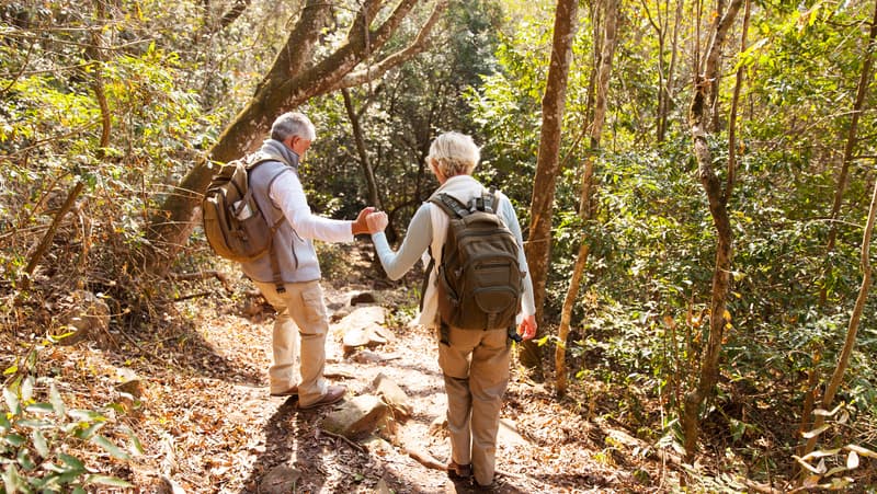 senior couple hiking. photo credit: hongqi zhang dreamstime. For article on 5 Outdoor Exercise Safety Tips