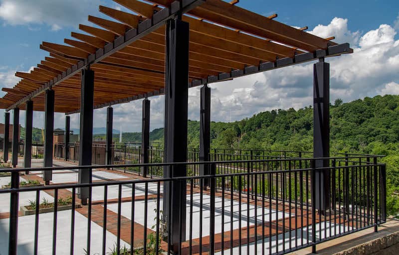 Lower Bluffwalk pergola overlooking the James River and out at the Blue Ridge Mountains in Downtown Lynchburg, Virginia - Credit City of Lynchburg, Virginia