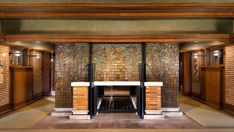 Martin House Wisteria Mosaic Fireplace. Photo credit: Digati. For article on the new Frank Lloyd Wright Road Trip