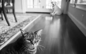 An unhappy cat and an intimidated dog. For article, when the grand-dogs come to visit. Diane Diederich Dreamstime Image