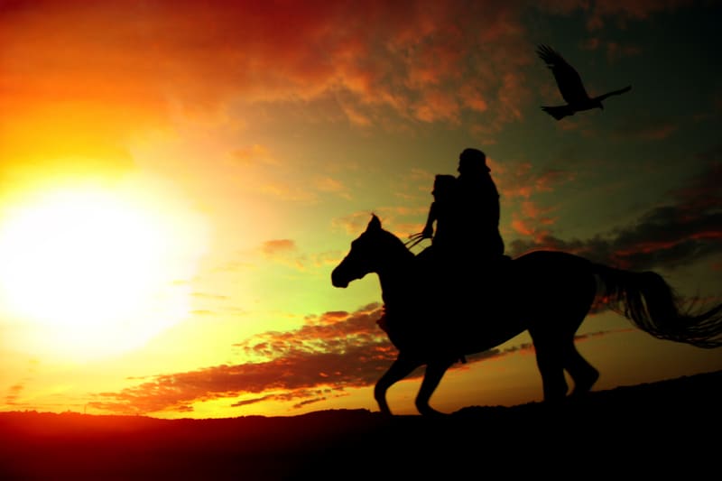 Father and daughter on a horse, silhouetted against the setting sun. For Farmer and father fights COVID