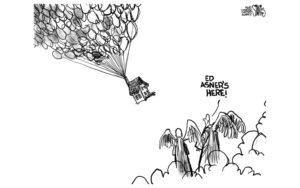 Cartoon of angels welcoming Ed Asner to heaven, for column on a personal tribute to Ed Asner Image