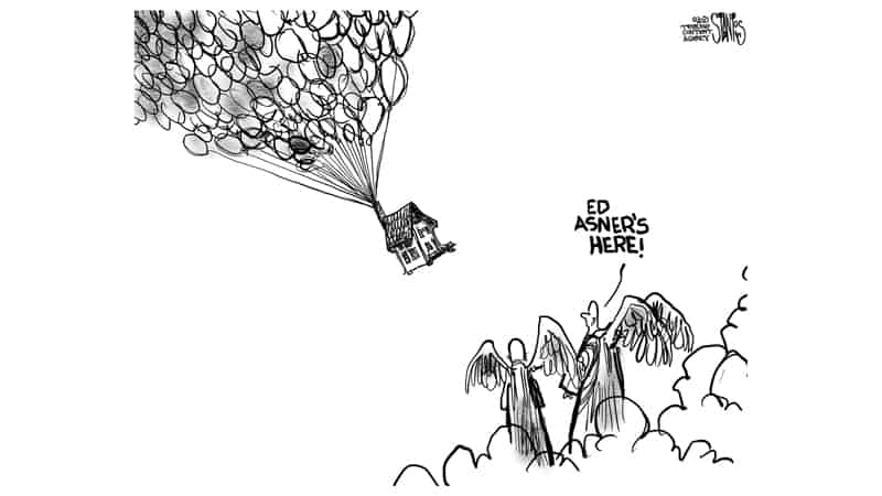 Cartoon of angels welcoming Ed Asner to heaven, for column on a personal tribute to Ed Asner