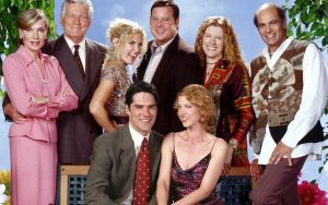 Cast of the ABC sitcom Dharma and Greg that began airing in the late 90s. Susan Sullivan at left - ABC publicity. For article on life advice from Susan Collins Image