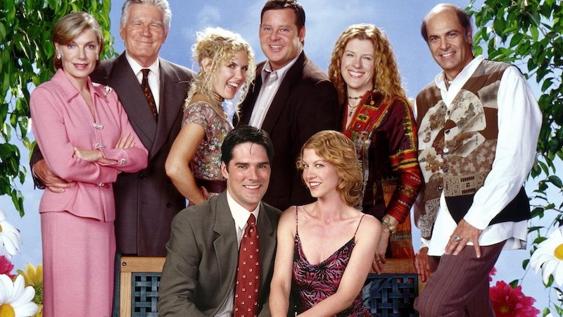 Cast of the ABC sitcom Dharma and Greg that began airing in the late 90s. Susan Sullivan at left - ABC publicity. For article on life advice from Susan Collins Image