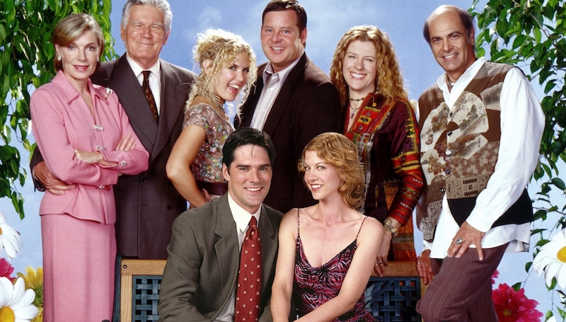 Cast of the ABC sitcom Dharma and Greg that began airing in the late 90s. Susan Sullivan at left - ABC publicity. For article on life advice from Susan Collins