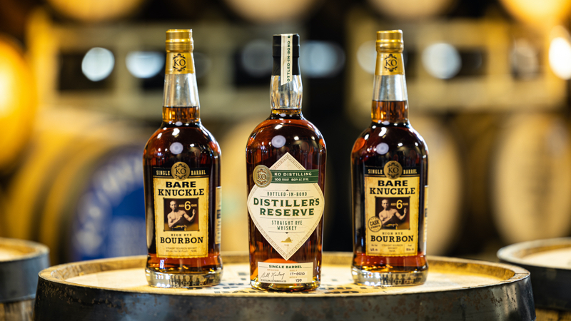 KO Distilling new releases like Distiller’s Reserve Bottled-in-Bond Straight Rye Whiskey and Bare Knuckle High Rye Bourbon: Cask Strength