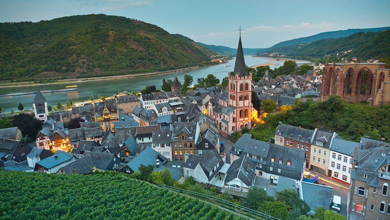 Bacharach (below its ruined chapel) on the Rhine River in Germany. Bacharach's legends and wine