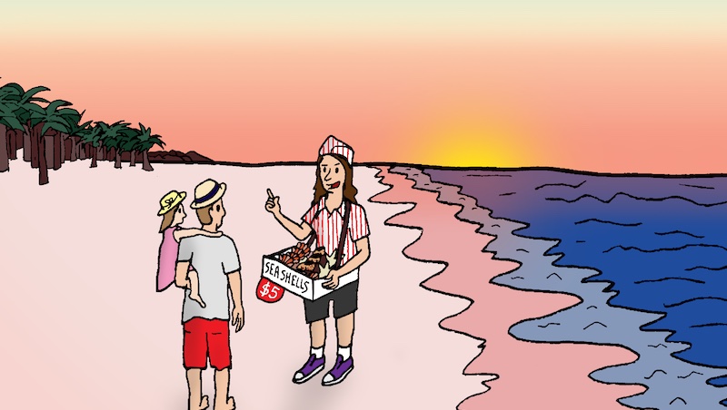 Cartoon of a dad and child on a beach with someone selling seashells. Name That Caption November 2021